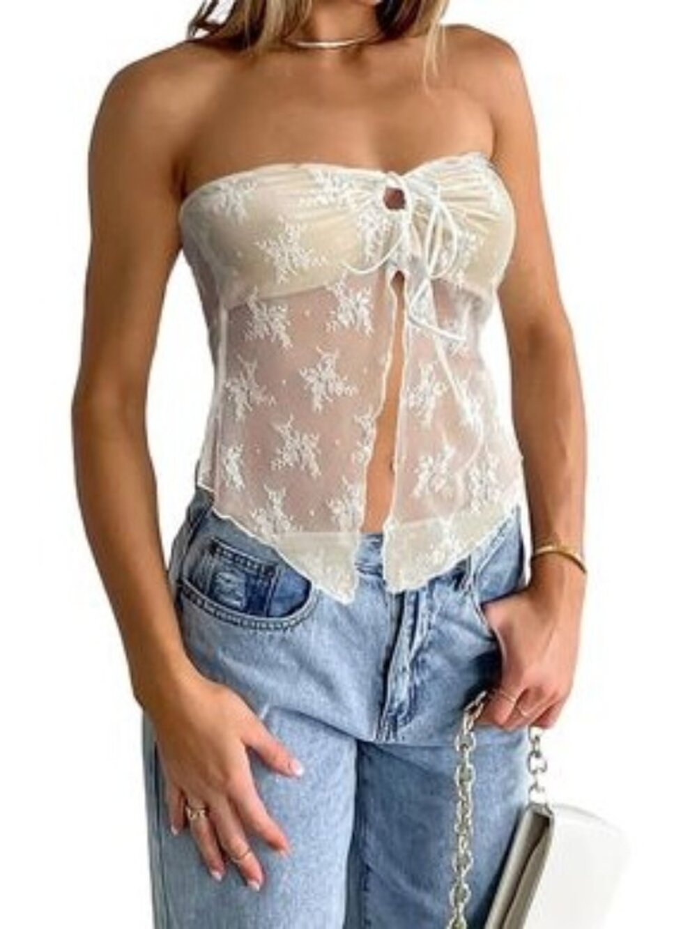 Womens White Dainty Lace Y2K Tube Top Women Size XS/S